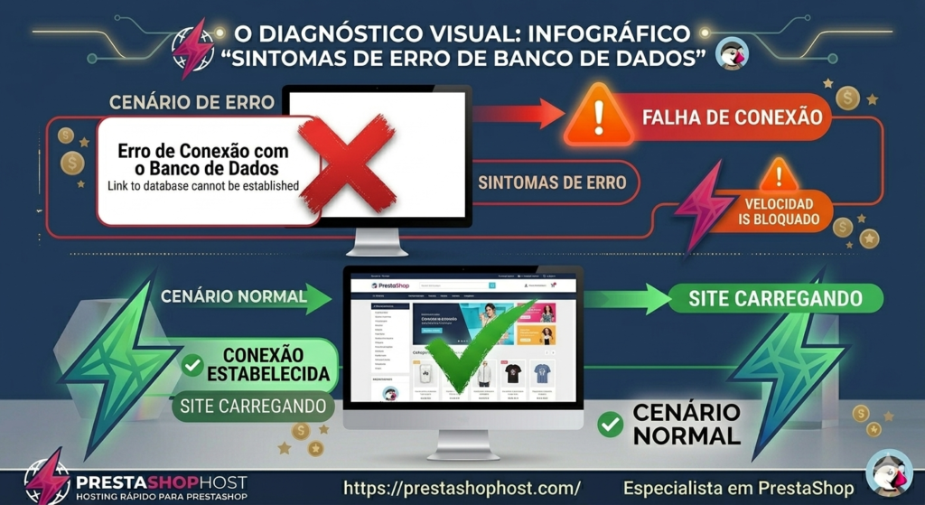 Infográfico da PrestaShopHost comparando uma tela de erro "Link to database cannot be established" (com X vermelho) e uma loja PrestaShop carregando normalmente (com check verde).