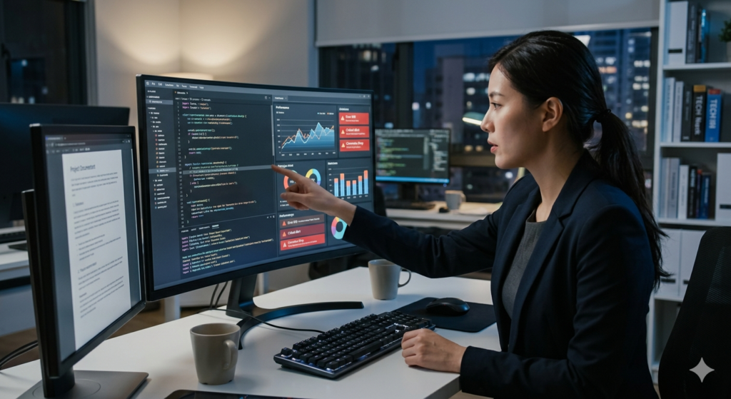 Problemas no PrestaShop? Veja Soluções para Erros, Lentidão e Falhas 1 Especialista analisando desempenho e erros no PrestaShop para otimização e correção
