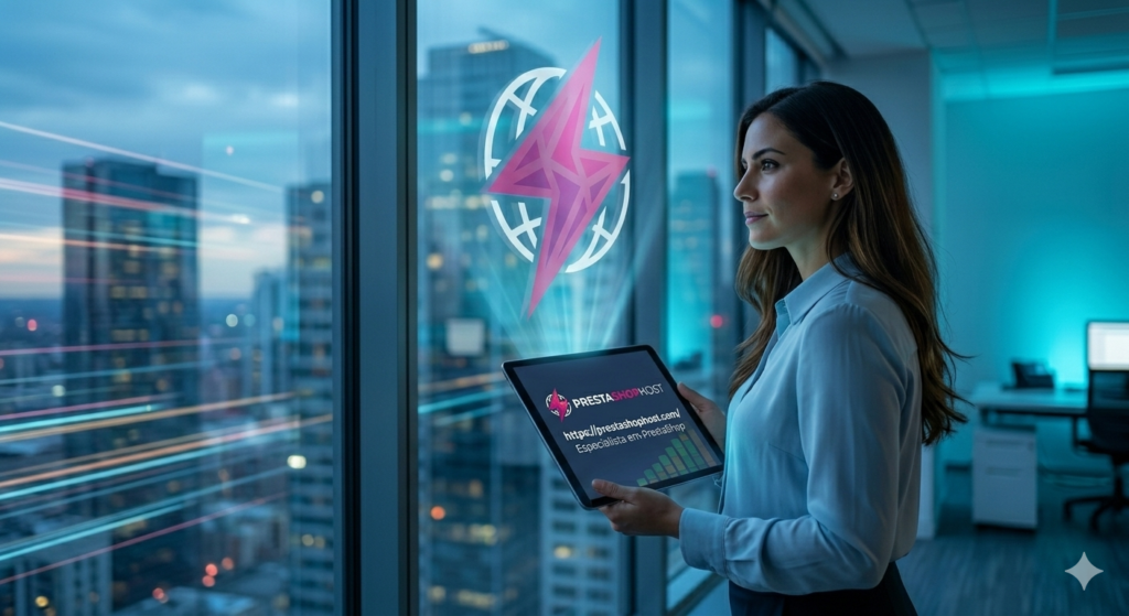 Melhor Hospedagem PrestaShop: Escolha Certa para Velocidade, Estabilidade e Crescimento 7 Uma empreendedora confiante em pé em um escritório à noite, segurando um tablet brilhante e olhando para o futuro.