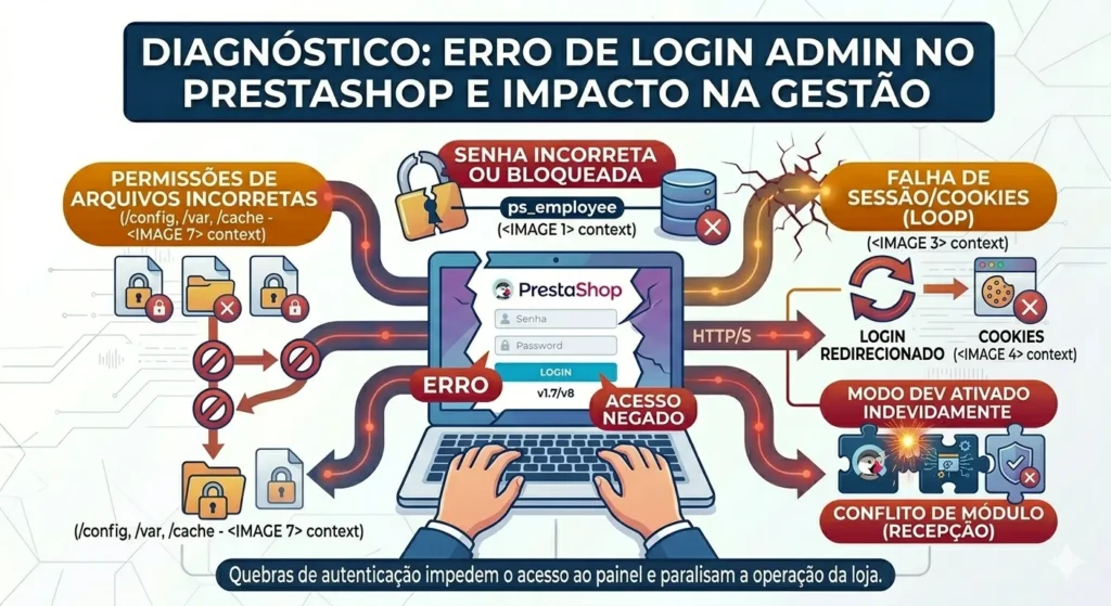 Problemas de login no admin PrestaShop: falha de senha, cookies e sessão expirada.