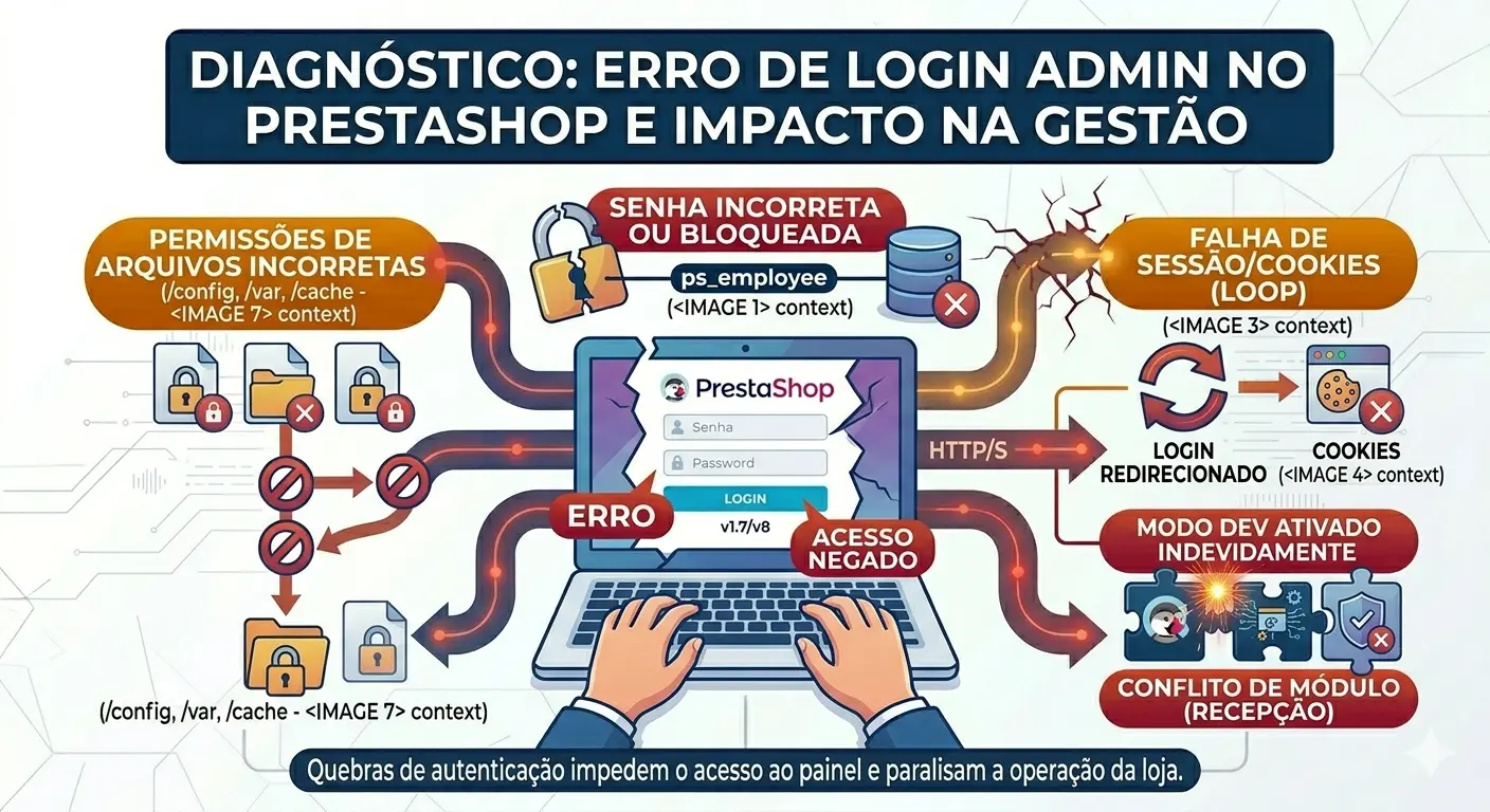 Problemas de login no admin PrestaShop: falha de senha, cookies e sessão expirada.