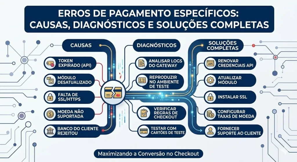 Erros de pagamento no PrestaShop: causas, diagnóstico de API e regras de checkout.