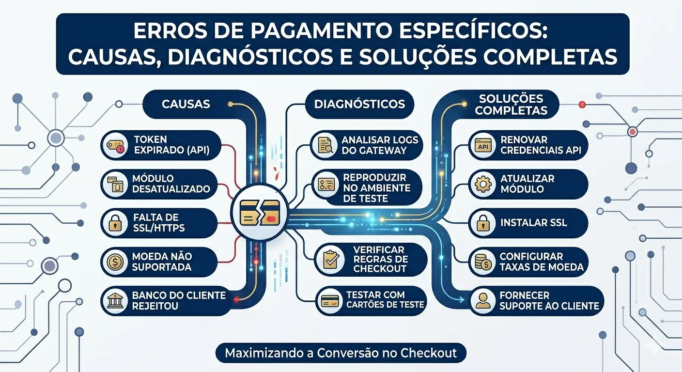 Erros de pagamento no PrestaShop: causas, diagnóstico de API e regras de checkout.