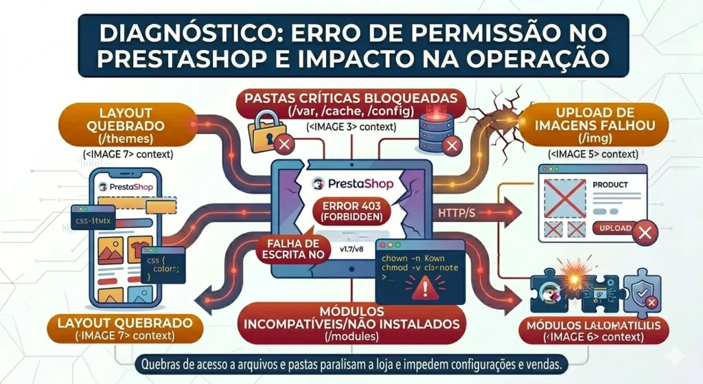 Erro de permissão no PrestaShop: como resolver (guia completo e definitivo) 1 Erro de permissão de pasta no PrestaShop bloqueando cache, imagens e configurações.