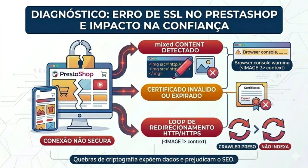 Erro de SSL no PrestaShop: como corrigir e evitar problemas de HTTPS na sua loja 1 Erro de SSL no PrestaShop: mixed content e impacto na confiança do consumidor.