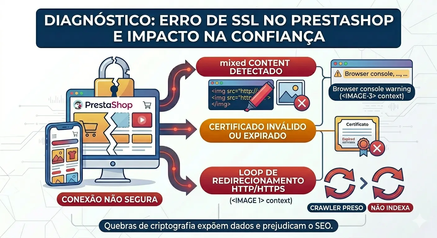 Erro de SSL no PrestaShop: mixed content e impacto na confiança do consumidor.