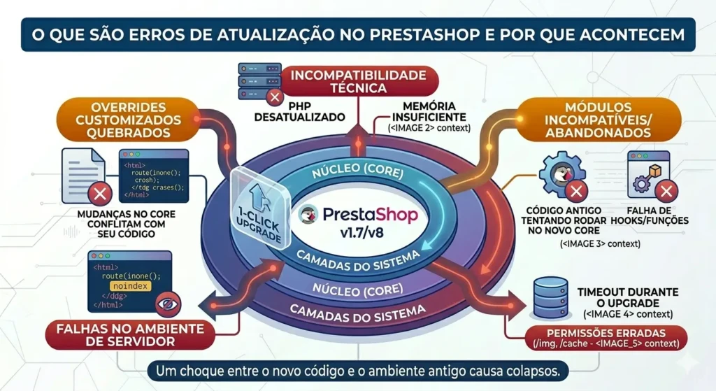 Erros de atualização PrestaShop: causas, soluções e como evitar problemas na sua loja 1 Erros comuns ao atualizar PrestaShop: incompatibilidade PHP e módulos antigos.