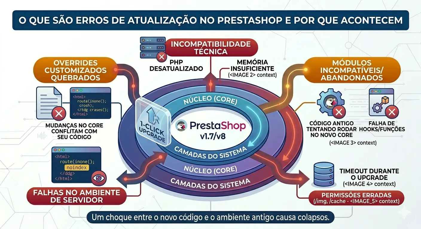 Erros comuns ao atualizar PrestaShop: incompatibilidade PHP e módulos antigos.