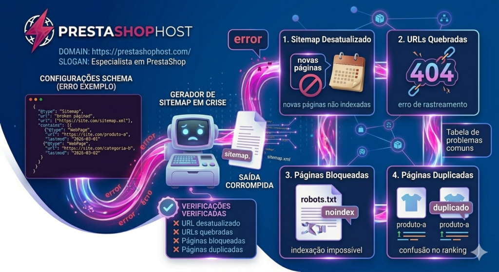 Infográfico com erro em JSON-LD gerando sitemap XML corrompido no PrestaShop.