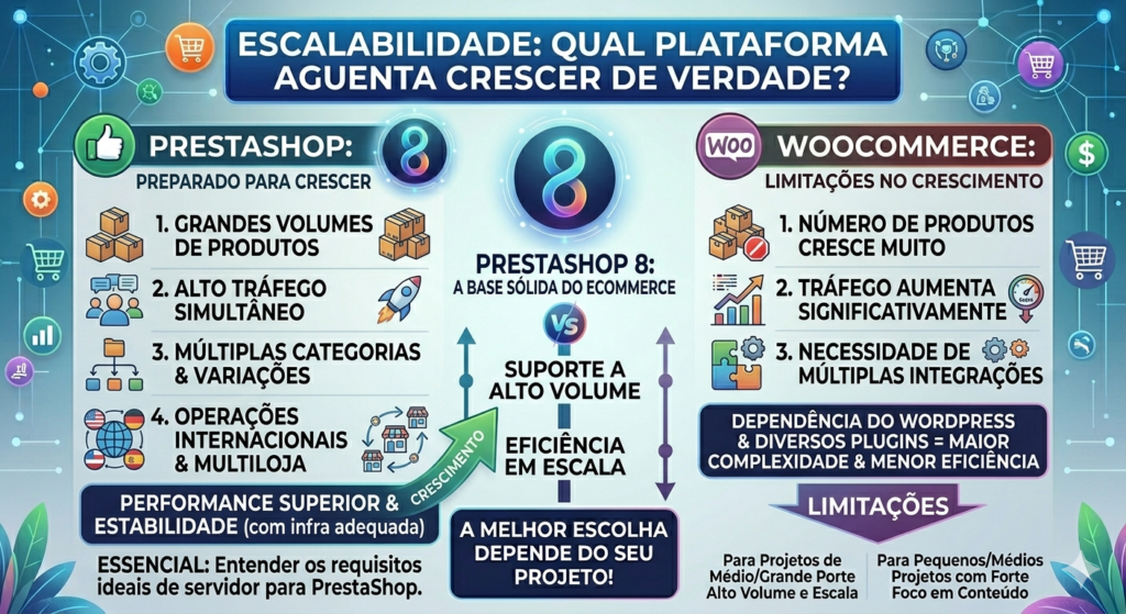 Infográfico sobre escalabilidade de e-commerce comparando PrestaShop e WooCommerce. Mostra o PrestaShop como preparado para grandes volumes de produtos e tráfego internacional, enquanto aponta as limitações do WooCommerce devido à dependência de plugins e arquitetura WordPress.