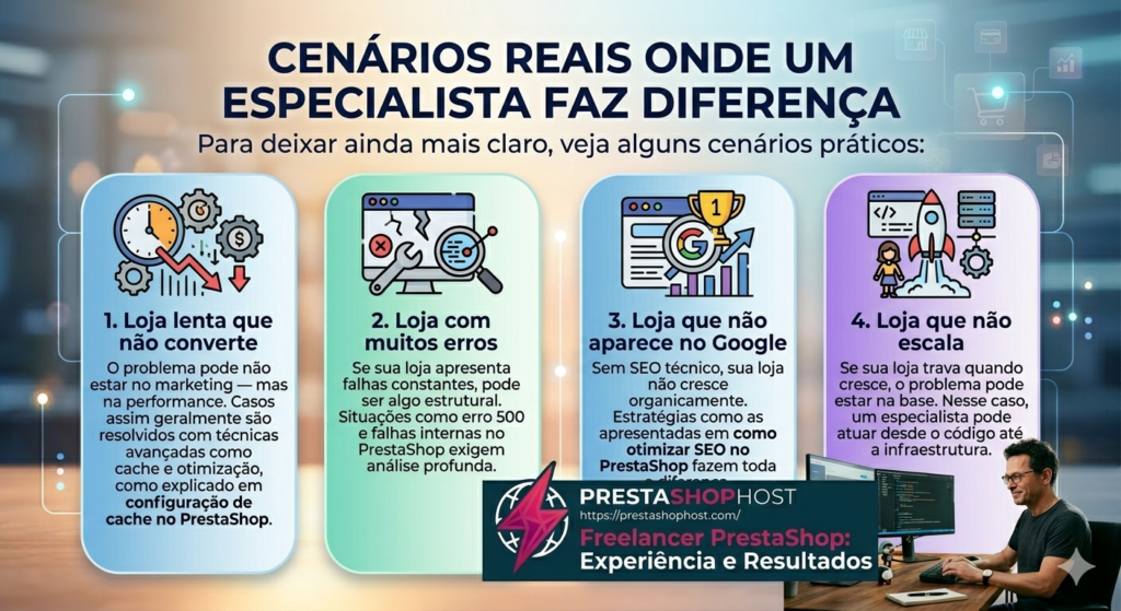 Infográfico com casos práticos: loja lenta, loja com erro 500, loja invisível no Google e loja que não escala.