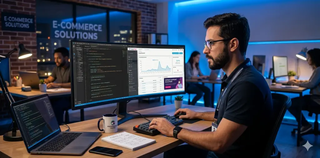 Desenvolvedor PrestaShop: Contrate um Especialista para Corrigir Erros e Aumentar suas Vendas 7 Especialista em PrestaShop analisando e corrigindo problemas em loja virtual