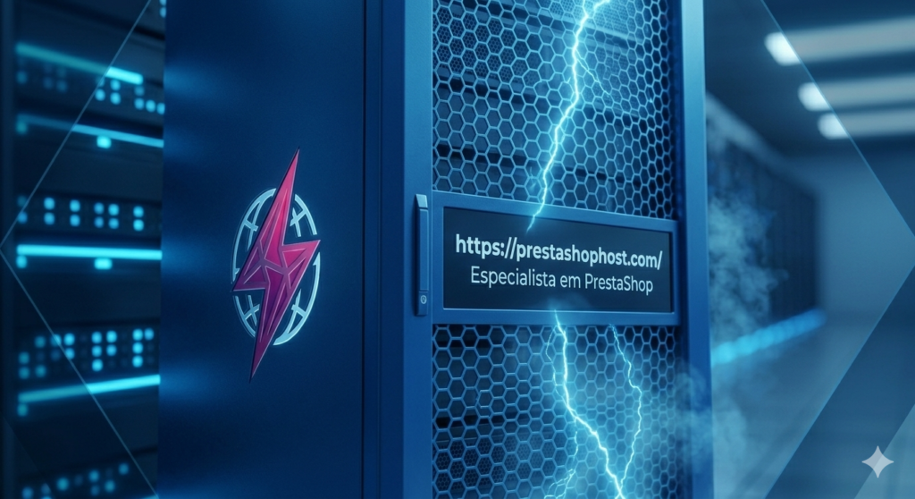 Melhor Hospedagem PrestaShop: Escolha Certa para Velocidade, Estabilidade e Crescimento 5 Um rack de servidor monolítico com malha hexagonal brilhante no chão, ostentando o logo gravado da PrestaShopHost e o selo de Especialista.