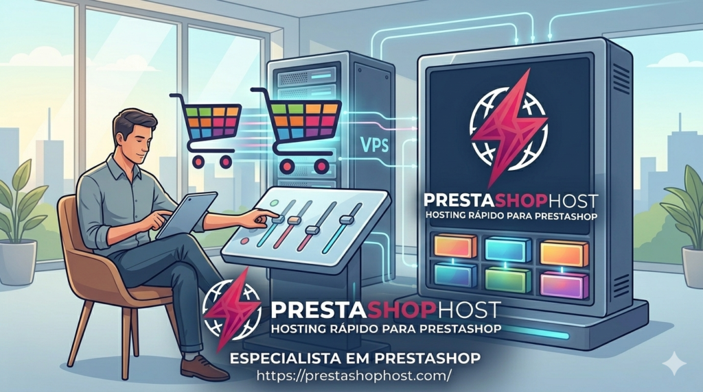Ilustração de um lojista relaxado usando um tablet para controlar um painel VPS intuitivo, com o logo da PrestaShopHost e o domínio especialista visíveis como suporte de controle premium.