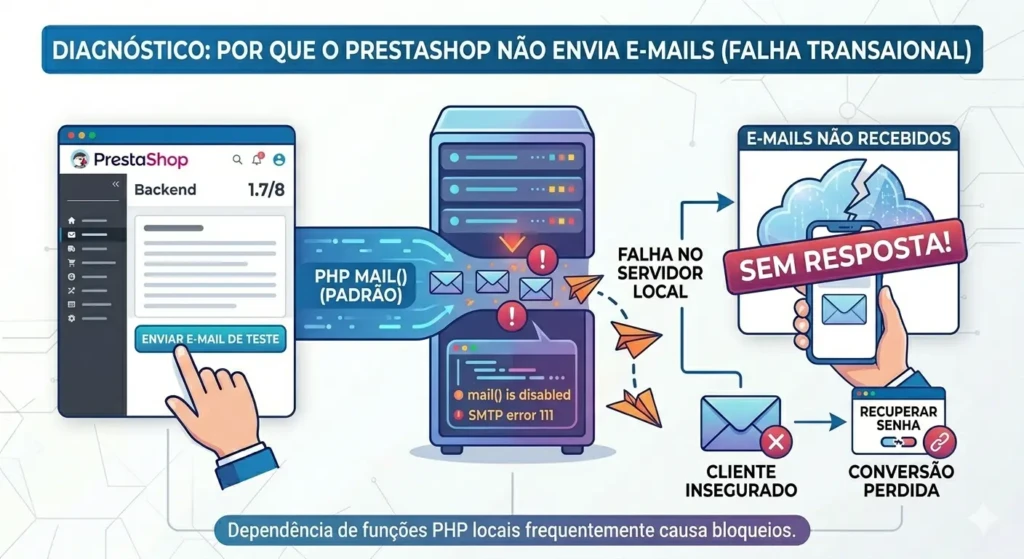 Diagnóstico de falha no envio de e-mails de pedidos no PrestaShop usando PHP Mail.
