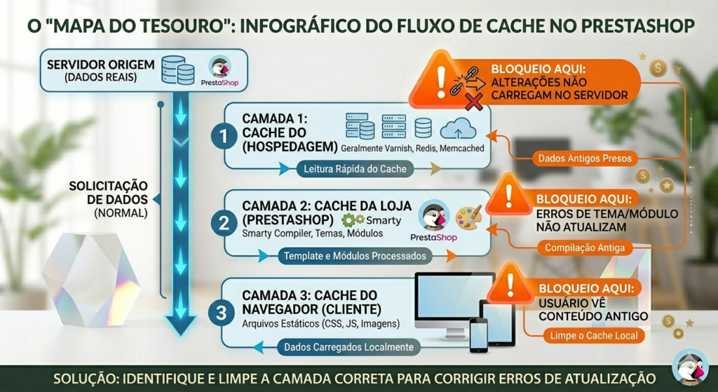 Infográfico detalhando o caminho da informação do servidor ao navegador, destacando as camadas de cache da hospedagem, do PrestaShop (Smarty) e do navegador do cliente.