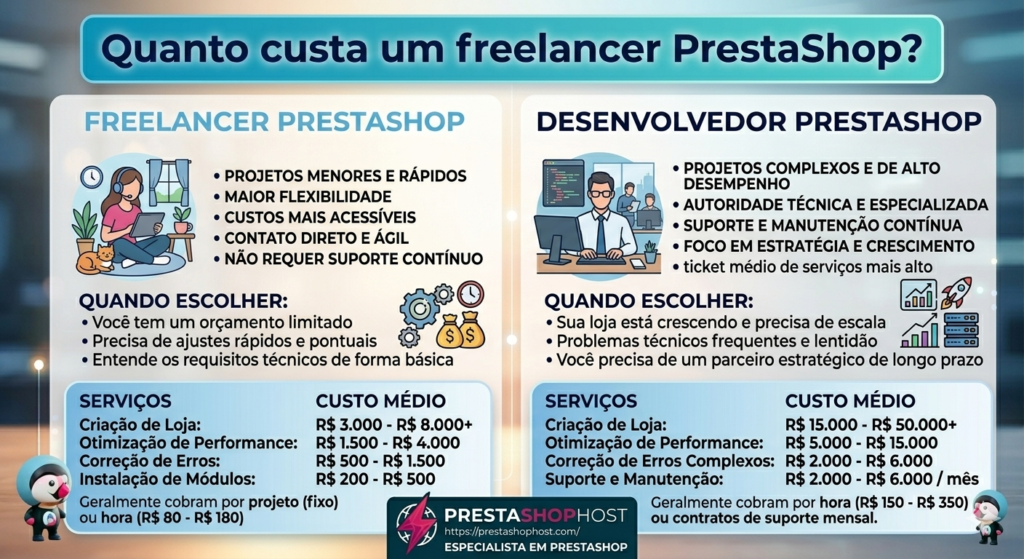 Tabela comparativa entre Freelancer e Desenvolvedor Especialista PrestaShop detalhando custos, tipos de projetos, suporte e quando escolher cada um.