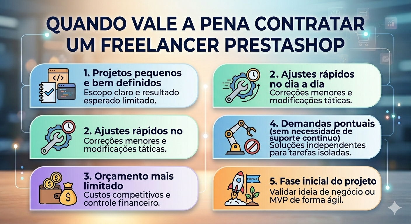 Lista de cenários ideais para freelancer: projetos pequenos, ajustes rápidos, orçamento limitado, demandas pontuais e fase inicial (MVP).