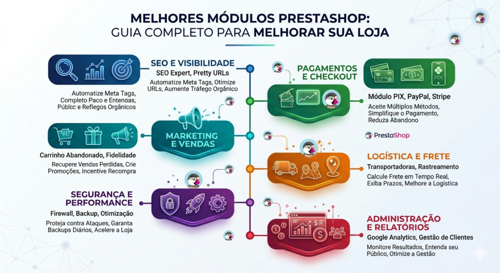 Melhores módulos PrestaShop: guia completo para melhorar sua loja 1 Infográfico visual mostrando os 6 principais pilares para melhorar uma loja PrestaShop com módulos: SEO e Visibilidade, Pagamentos e Checkout, Marketing e Vendas, Logística e Frete, Segurança e Performance, Administração e Relatórios.
