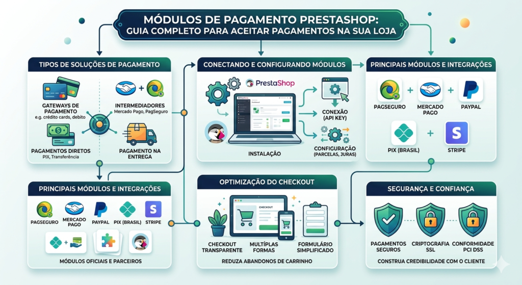 Módulos de pagamento PrestaShop: guia completo para aceitar pagamentos na sua loja 1 Infográfico completo sobre módulos de pagamento PrestaShop, mostrando tipos de soluções, processo de instalação, principais integrações (PagSeguro, Mercado Pago, PIX), otimização de checkout e segurança.