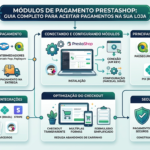 Infográfico completo sobre módulos de pagamento PrestaShop, mostrando tipos de soluções, processo de instalação, principais integrações (PagSeguro, Mercado Pago, PIX), otimização de checkout e segurança.
