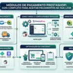 Melhores Módulos de Pagamento PrestaShop (2026): Comparativo, Taxas e Qual Escolher para Vender Mais Infográfico completo sobre módulos de pagamento PrestaShop, mostrando tipos de soluções, processo de instalação, principais integrações (PagSeguro, Mercado Pago, PIX), otimização de checkout e segurança.
