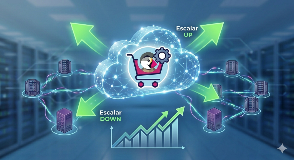 Gráfico dinâmico ilustrando uma loja PrestaShop no centro, conectada a uma nuvem flexível que se expande e contrai com setas verdes, representando a capacidade de aumentar ou diminuir recursos instantaneamente.