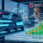 Infográfico visual mostrando o cockpit de velocidade e os hexágonos de estabilidade suportando um gráfico de crescimento de vendas, com o logo magenta da PrestaShopHost no canto.