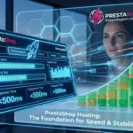 Melhor Hospedagem PrestaShop: Como Escolher sem Perder Vendas Infográfico visual mostrando o cockpit de velocidade e os hexágonos de estabilidade suportando um gráfico de crescimento de vendas, com o logo magenta da PrestaShopHost no canto.