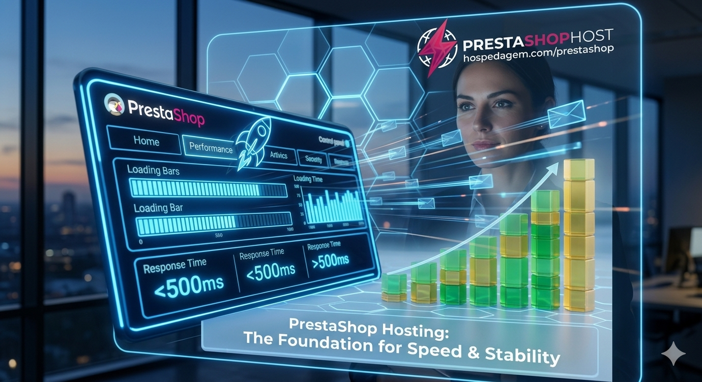 Infográfico visual mostrando o cockpit de velocidade e os hexágonos de estabilidade suportando um gráfico de crescimento de vendas, com o logo magenta da PrestaShopHost no canto.
