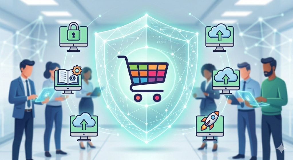 Infográfico conceitual mostrando o logo do PrestaShop protegido dentro de um escudo de luz transparente, com ícones flutuantes de tarefas de servidor (segurança, atualizações, backups, performance) sendo cuidados por uma equipe invisível de especialistas em um data center moderno.