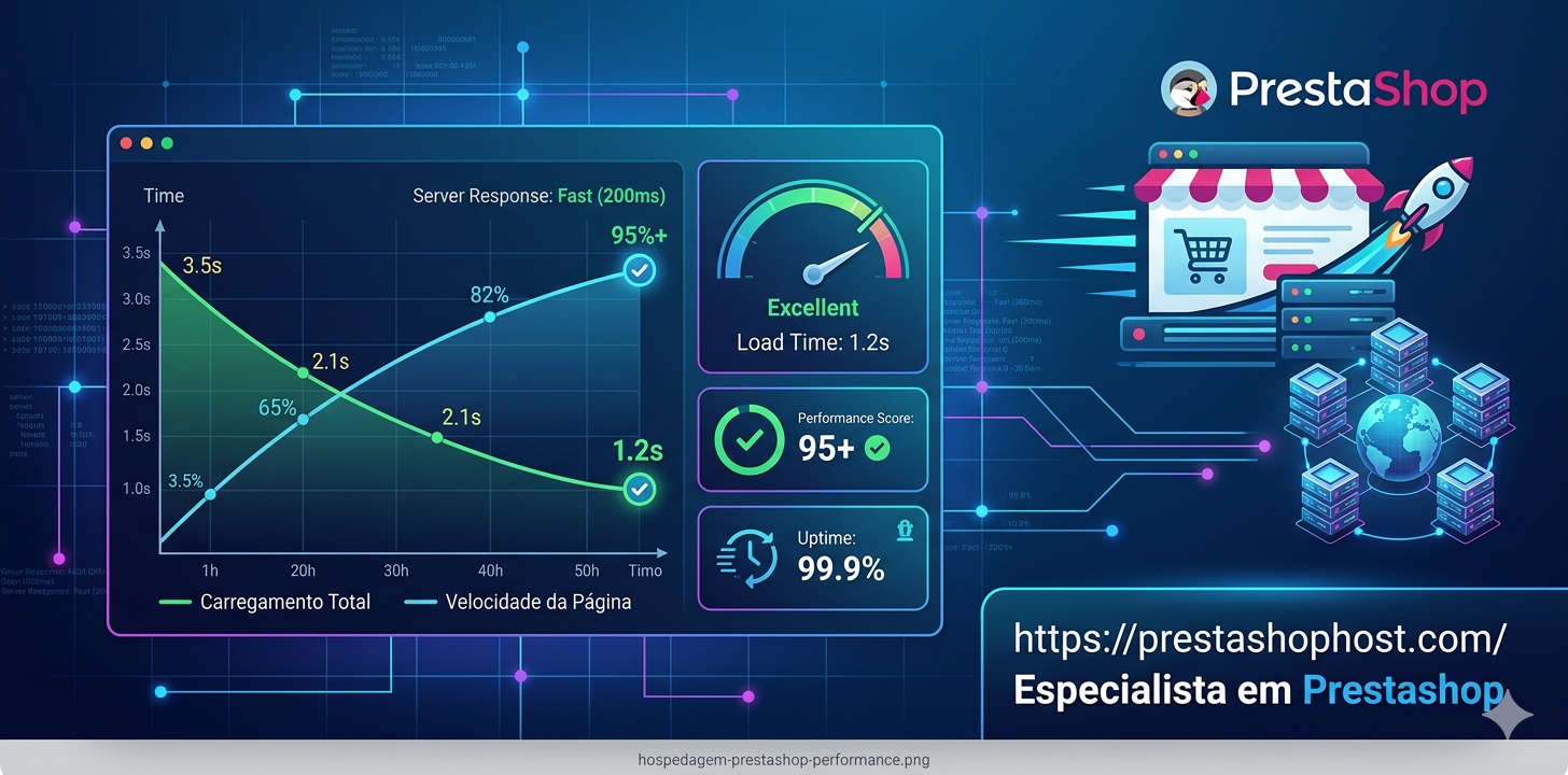 Hospedagem PrestaShop otimizada para alta performance Performance de hospedagem PrestaShop com carregamento rápido, alta velocidade e servidor otimizado