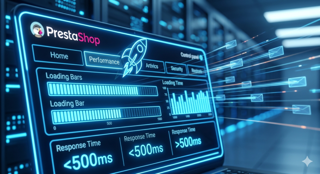 Melhor Hospedagem PrestaShop: Escolha Certa para Velocidade, Estabilidade e Crescimento 1 Um cockpit digital futurista com métricas de performance e um ícone de foguete em neon azul.