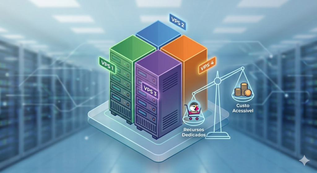 Ilustração isométrica mostrando um servidor físico dividido em quatro partições virtuais coloridas e independentes, com uma balança equilibrando o logo do PrestaShop (Recursos Dedicados) e moedas (Custo Acessível).