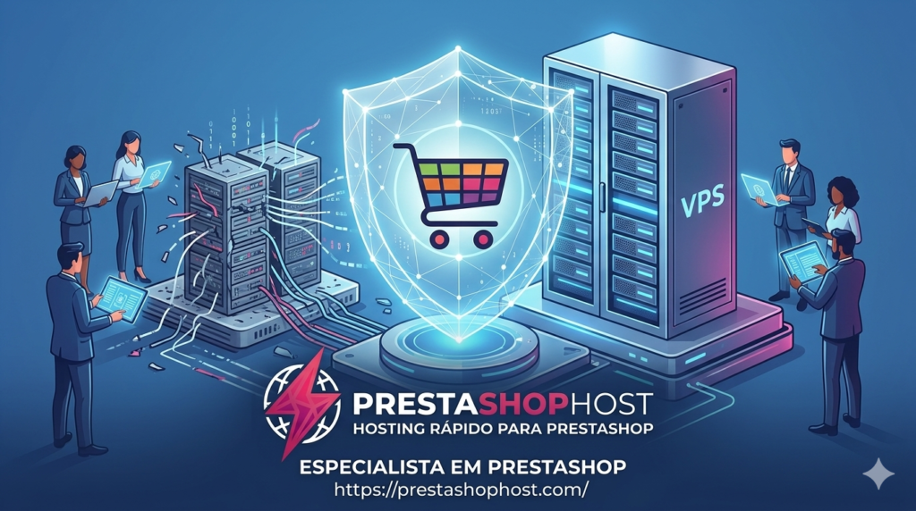 Infográfico conceitual mostrando a migração de uma loja PrestaShop de um servidor fraco e compartilhado para uma plataforma VPS isolada e poderosa, com o logo da PrestaShopHost integrado como suporte de especialista e o domínio https://prestashophost.com/ visível.