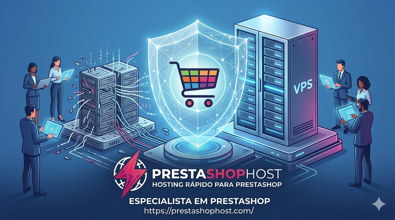 Infográfico conceitual mostrando a migração de uma loja PrestaShop de um servidor fraco e compartilhado para uma plataforma VPS isolada e poderosa, com o logo da PrestaShopHost integrado como suporte de especialista e o domínio https://prestashophost.com/ visível.