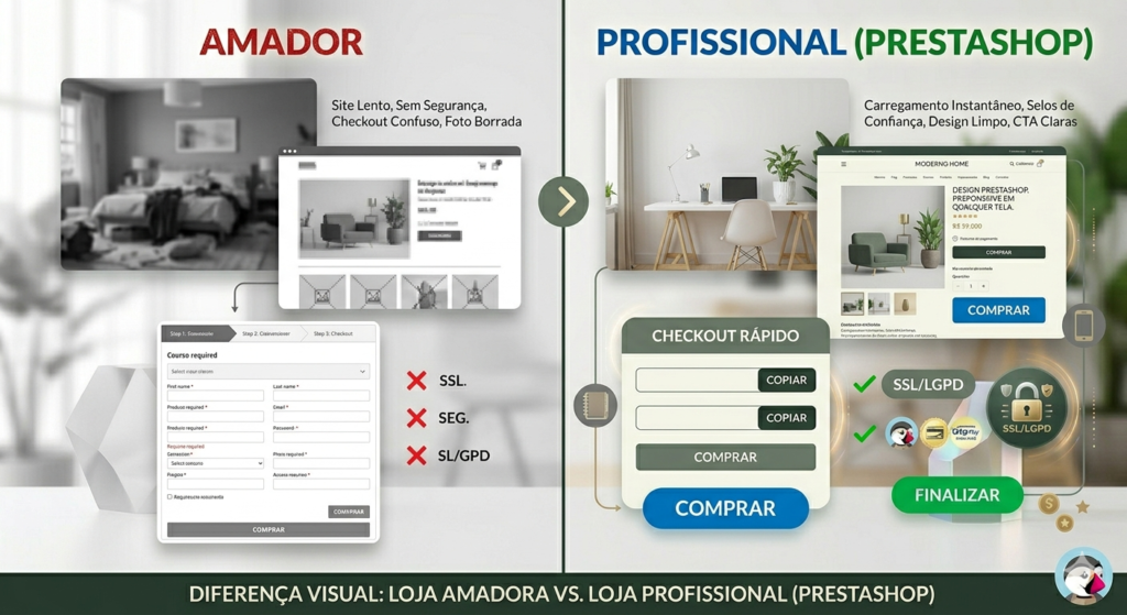 Imagem comparativa dividida ao meio mostrando, à esquerda, uma loja amadora em tons de cinza com checkout confuso e site lento; e à direita, uma loja profissional colorida com selos de segurança, carregamento rápido e botões de compra destacados.