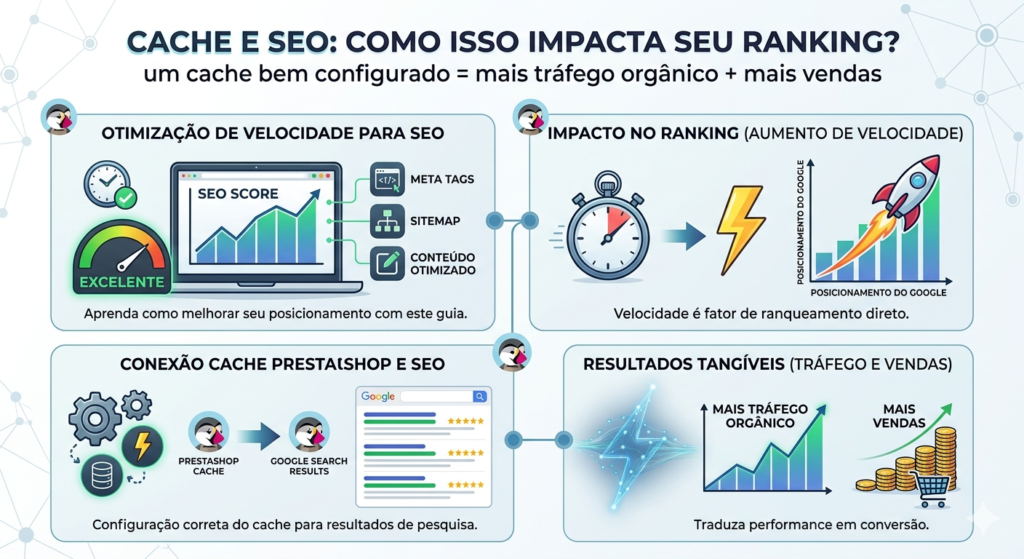 Infográfico explicando a relação entre Cache e SEO no PrestaShop, mostrando como um cache bem configurado aumenta o tráfego orgânico, o ranking no Google e as vendas.