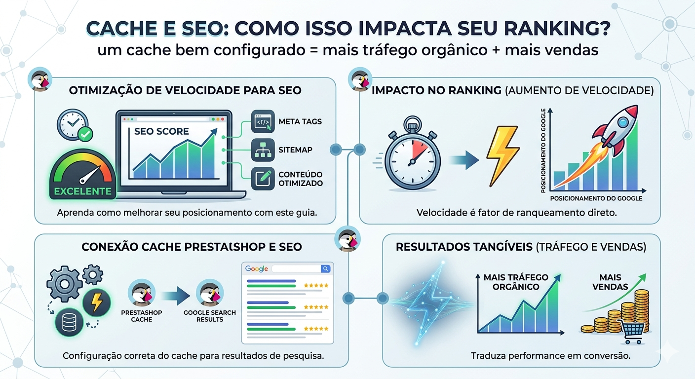 Infográfico explicando a relação entre Cache e SEO no PrestaShop, mostrando como um cache bem configurado aumenta o tráfego orgânico, o ranking no Google e as vendas.
