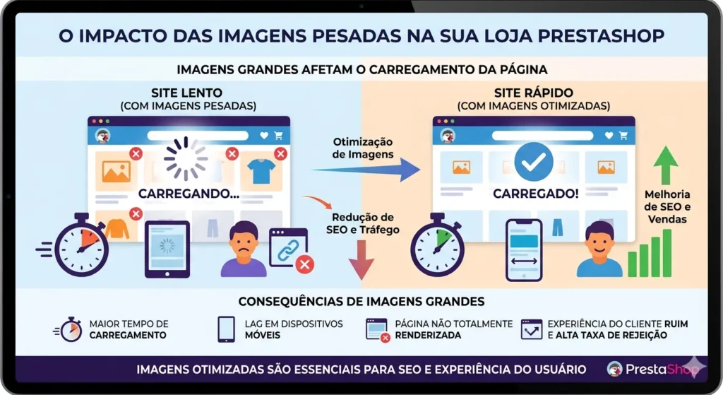 Infográfico mostrando site PrestaShop lento com imagens pesadas versus site rápido com imagens otimizadas e efeitos no SEO