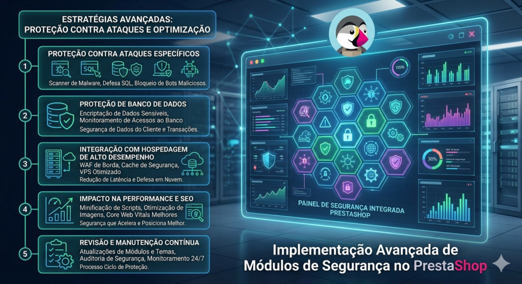 Painel visual do PrestaShop mostrando a integração avançada de segurança: defesa contra ataques específicos, proteção de banco de dados, hospedagem de alto desempenho, monitoramento de performance e impacto SEO.