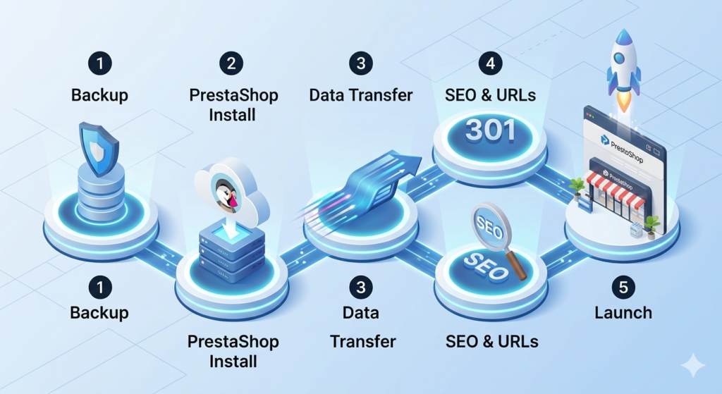 Como Migrar para PrestaShop 8: Guia Completo de SEO, Performance e Infraestrutura 5 Um infográfico isométrico moderno mostrando um processo de migração de 5 etapas (Backup, Instalar, Transferência, SEO, Lançamento) em plataformas brilhantes.