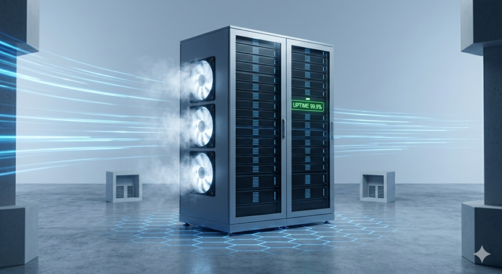 Melhor Hospedagem PrestaShop: Escolha Certa para Velocidade, Estabilidade e Crescimento 6 Um rack de servidor monolítico em um data center moderno com malha hexagonal brilhante no chão.