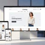 Interface de front-end limpa e profissional de uma loja e-commerce PrestaShop 8 exibida num monitor, tablet e smartphone.