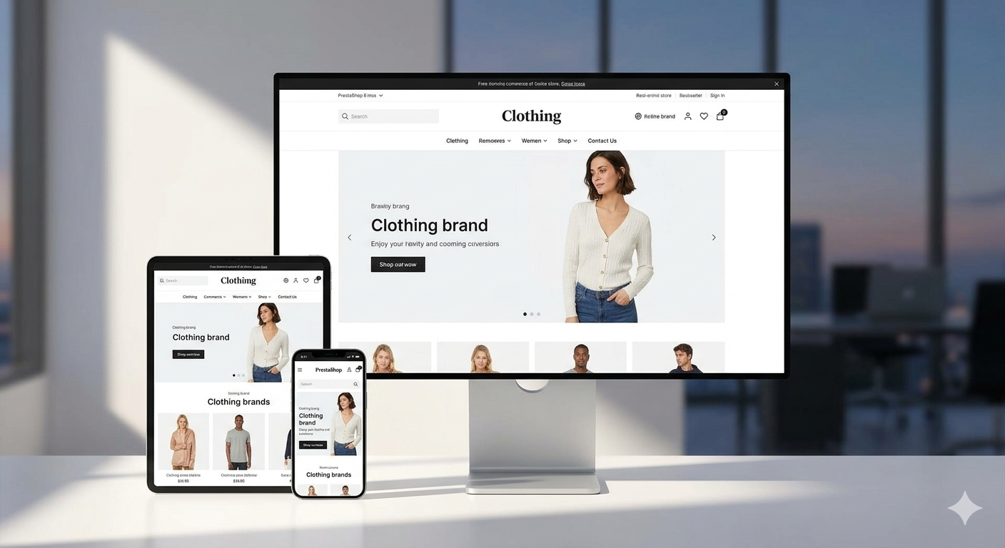 Interface de front-end limpa e profissional de uma loja e-commerce PrestaShop 8 exibida num monitor, tablet e smartphone.