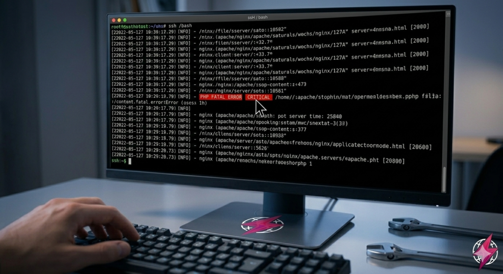Close-up dramático focado nas mãos de um desenvolvedor operando um teclado. O monitor exibe um terminal SSH com linhas densas de log do servidor, com o cursor do mouse apontando para a palavra 'CRITICAL' destacada em vermelho vibrante.