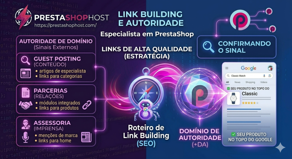 Infográfico com estratégias de link building aumentando autoridade de domínio.