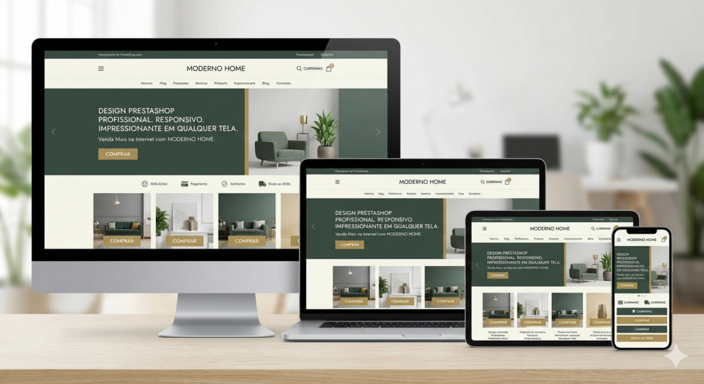 Mockup elegante mostrando uma loja virtual PrestaShop visualizada em um monitor desktop, notebook, tablet e smartphone, destacando a adaptação perfeita do design em todas as telas.