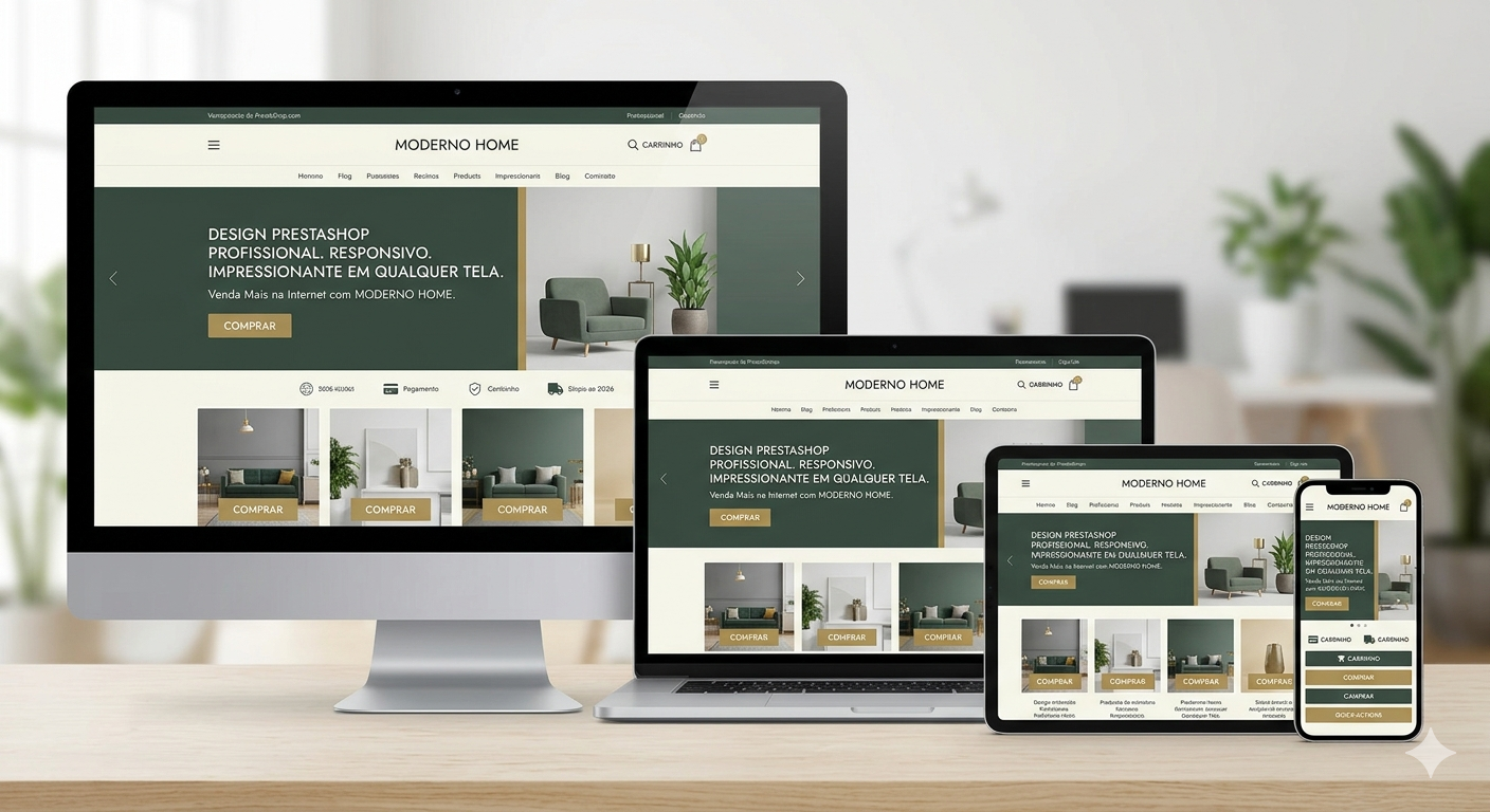 Mockup elegante mostrando uma loja virtual PrestaShop visualizada em um monitor desktop, notebook, tablet e smartphone, destacando a adaptação perfeita do design em todas as telas.