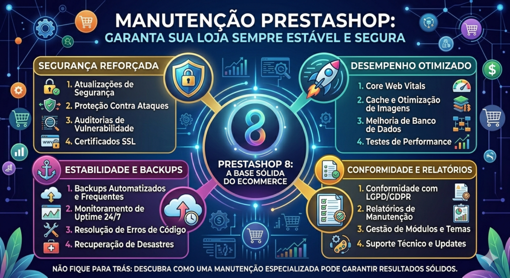 Infográfico moderno "Manutenção PrestaShop: Garanta Sua Loja Sempre Estável e Segura". Design sofisticado com fundo escuro e streams de dados, acentos em ouro, azul profundo, verde-azulado e magenta. No centro, o logo circular do PrestaShop 8. Quatro seções detalham: Segurança Reforçada, Desempenho Otimizado, Estabilidade e Backups, e Conformidade e Relatórios, com ícones de escudos, foguetes, nuvens de backup e checklists.